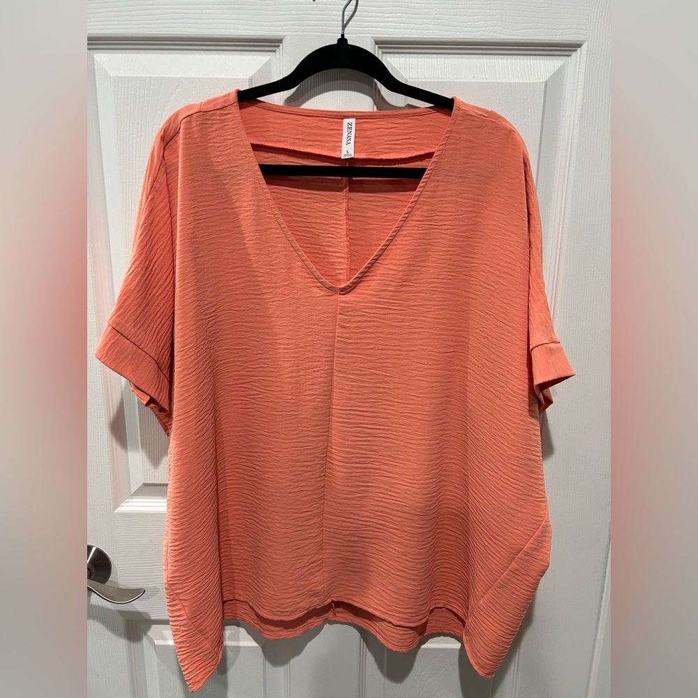 Set of 2 Zenana Airflow Coral and Teal V-Neck Blouses - Picture 5 of 8